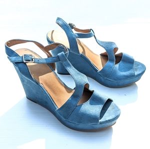 BP blue suede leather platform wedge sandals